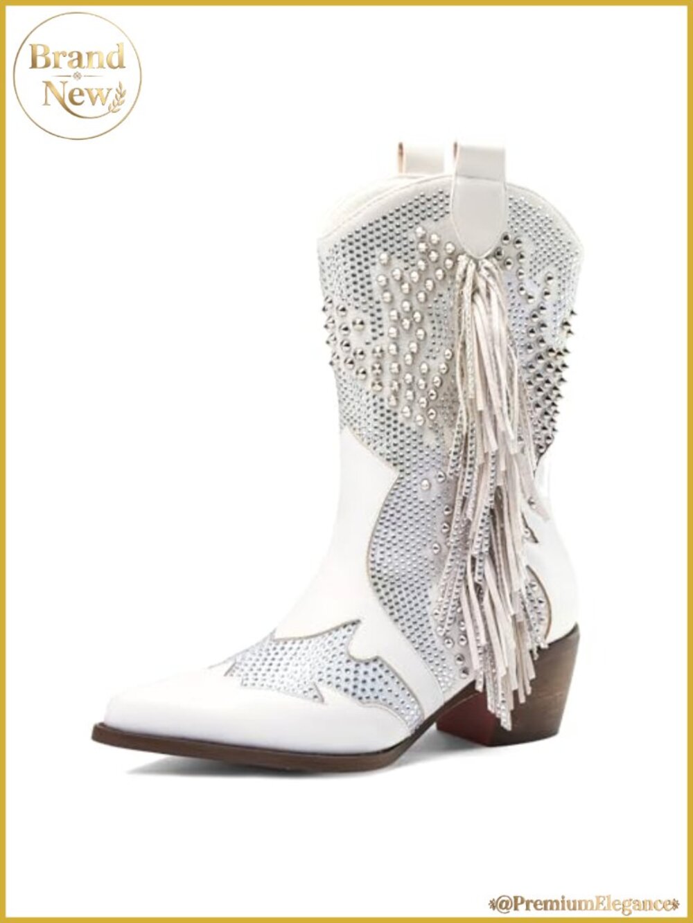 Sparkly Rhinestone Cowboy Ankle Boots Tassel Chunky Heel Slip-On Booties